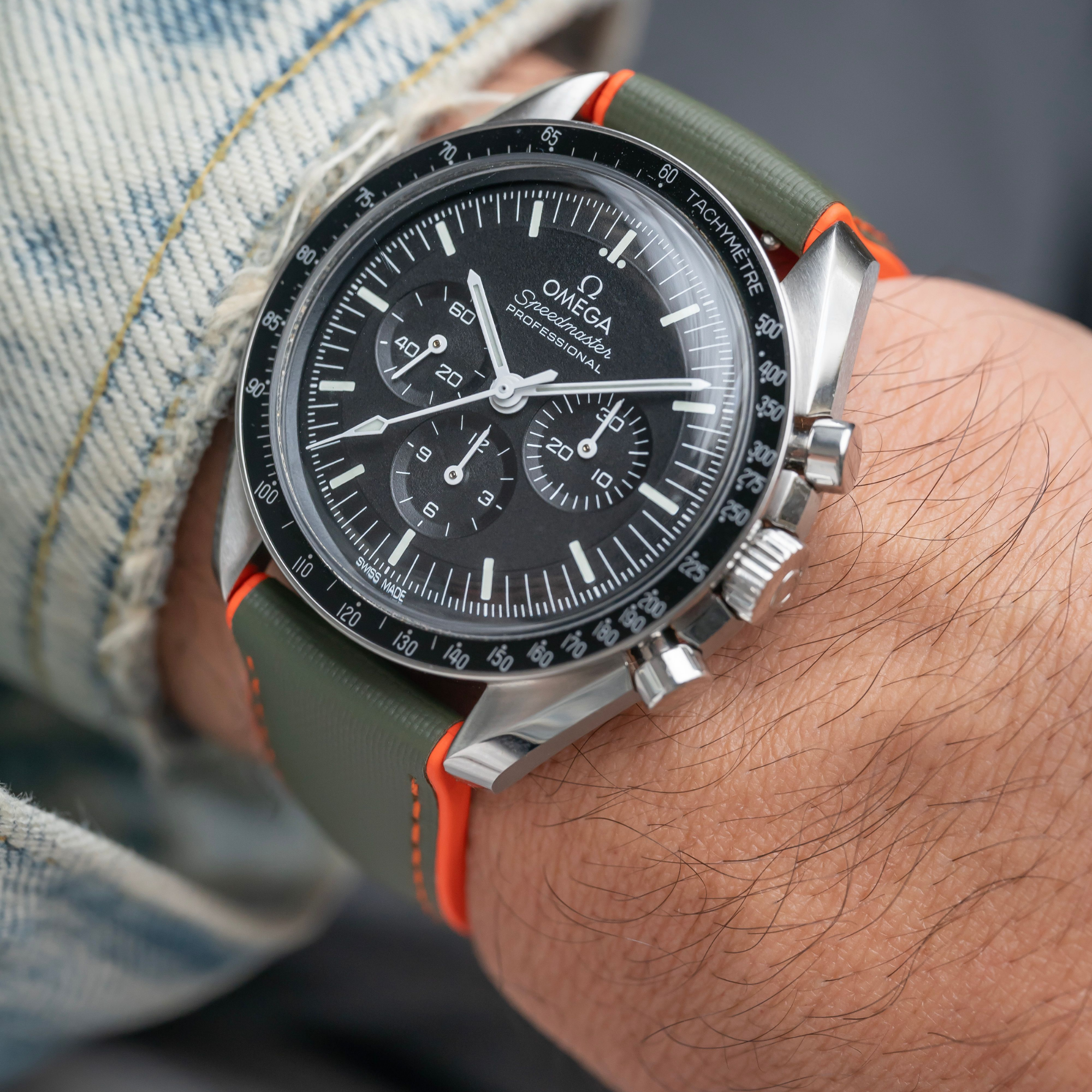 HydroFlex™ Khaki Green & Orange Hybrid FKM Watch Strap With Orange Stitching