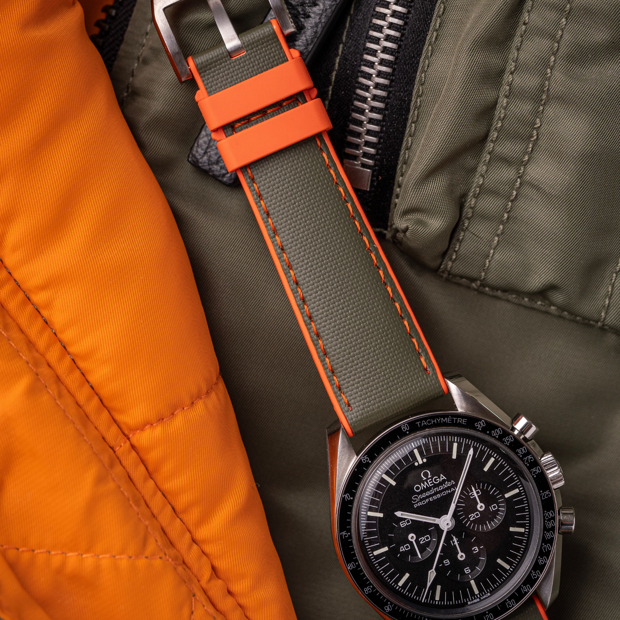 HydroFlex™ Khaki Green & Orange Hybrid FKM Watch Strap With Orange Stitching