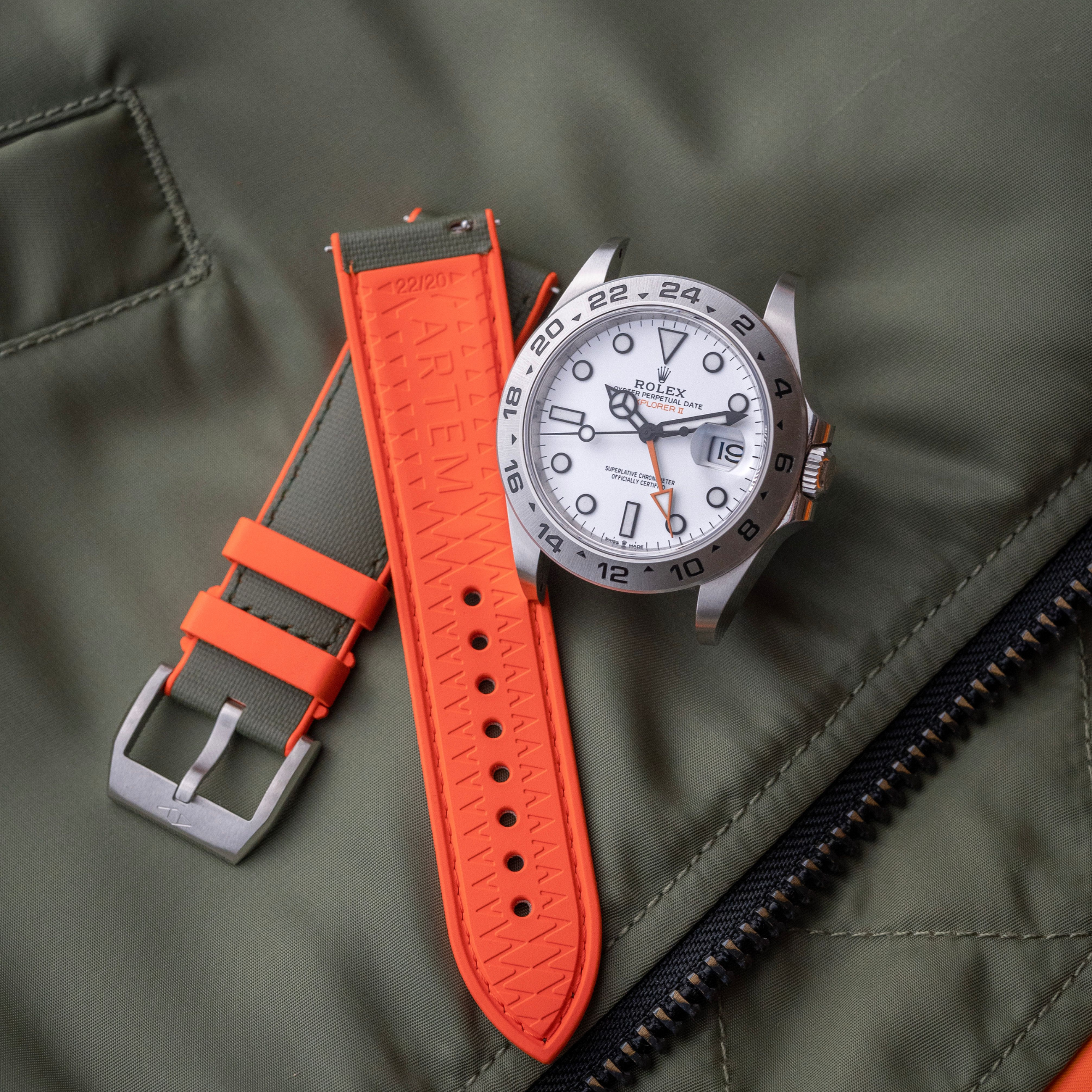HydroFlex™ Khaki Green & Orange Hybrid FKM Watch Strap With Orange Stitching