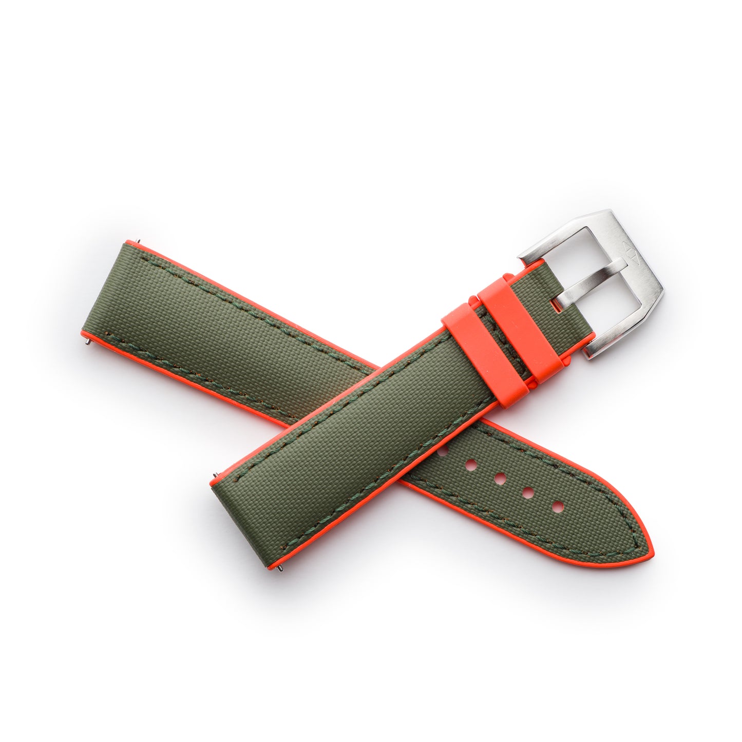 HydroFlex™ Khaki Green & Orange Hybrid FKM Watch Strap With Green Stitching