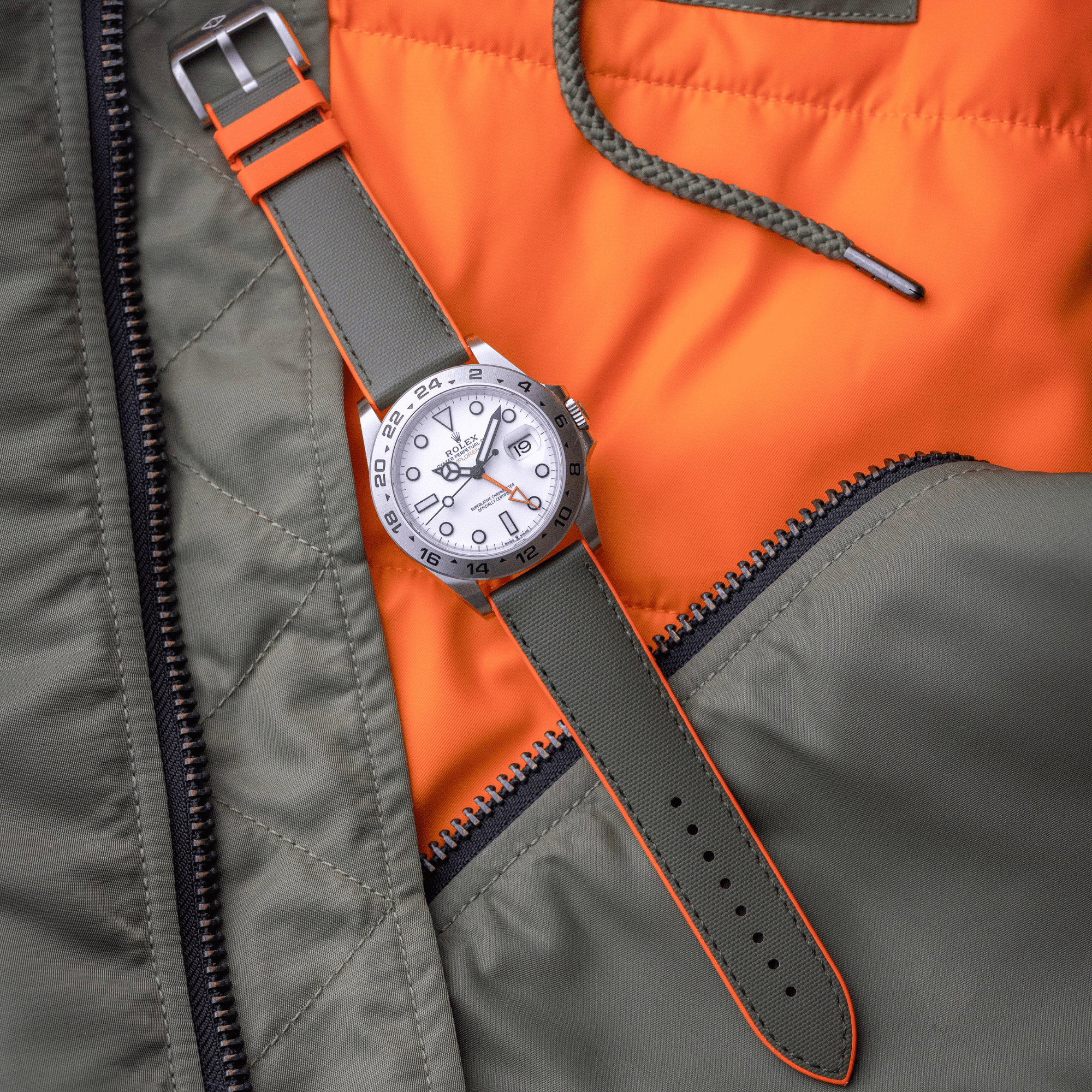 HydroFlex™ Khaki Green & Orange Hybrid FKM Watch Strap With Green Stitching