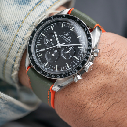 HydroFlex™ Khaki Green & Orange Hybrid FKM Watch Strap With Orange Stitching