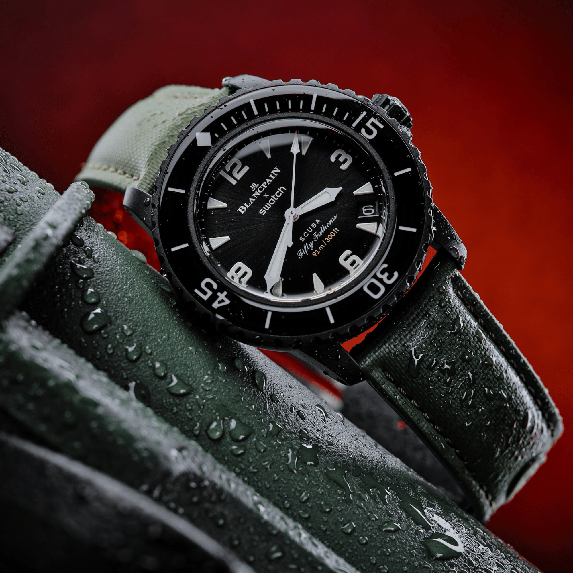 Loop-Less™ Khaki Green Sailcloth Watch Strap with Green Stitching